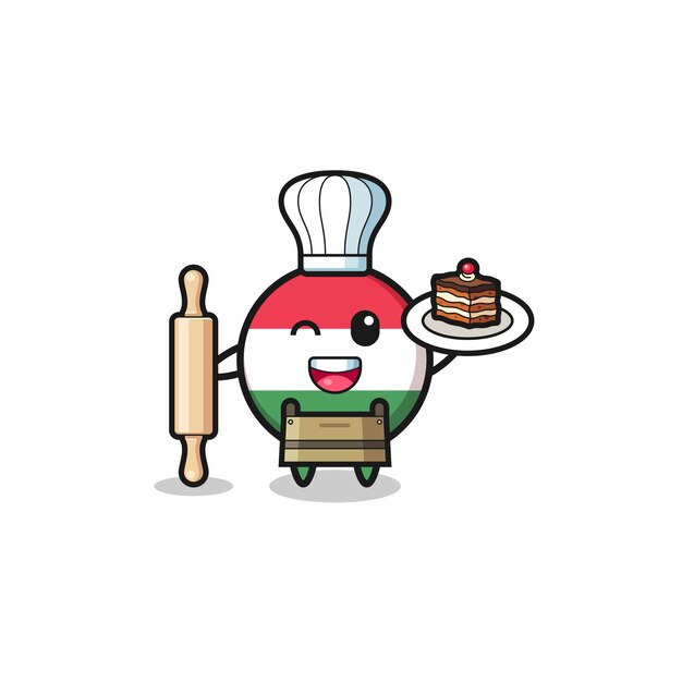 Hungary flag as pastry chef mascot hold rolling pinxA