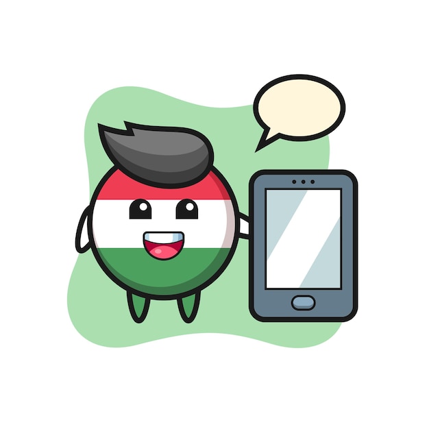 Hungary flag badge illustration cartoon holding a smartphone