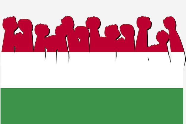 Hungary flag with raised protest hands vector country flag logo Hungary protesting concept
