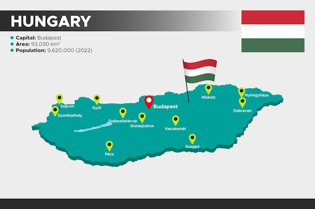 Mappa dell'illustrazione isometrica 3d dell'ungheria bandiera della popolazione dell'area delle capitali e mappa dell'ungheria