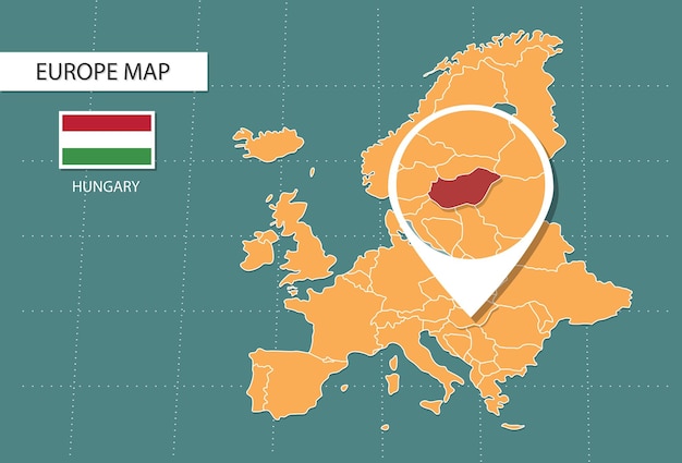 карта венгрии в Европе значки увеличенной версии, показывающие расположение и флаги венгрии