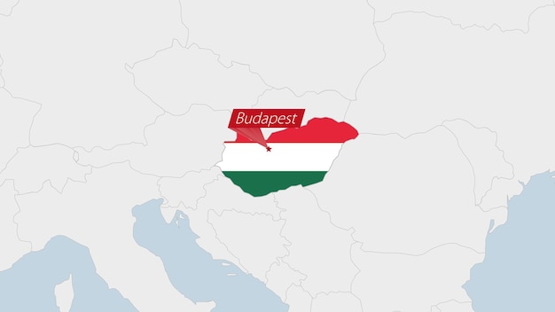 Hungary map highlighted in Hungary flag colors and pin of country capital Budapest