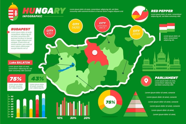 평면 디자인에 헝가리지도 Infographic