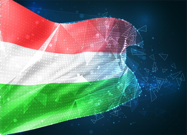 Венгрия, векторный флаг, виртуальный абстрактный 3D-объект из треугольных многоугольников на синем фоне