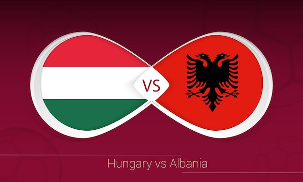 Венгрия против албании в футбольном соревновании, группа i. против значка на футбольном фоне.