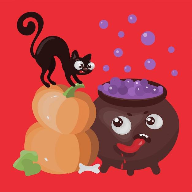 HUNGRY CAULDRON Halloween Cartoon  Illustration Set