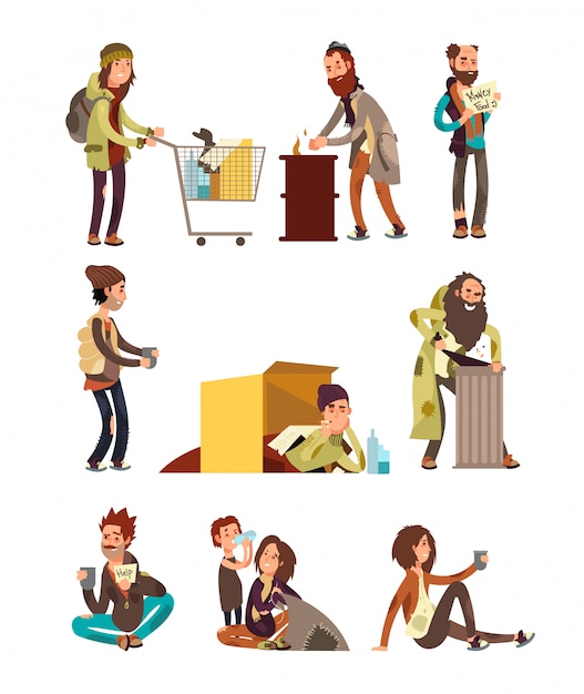 Hungry dirty homeless people. adult woman and man begging money vector characters set