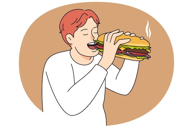 Vector hungry man eating burger