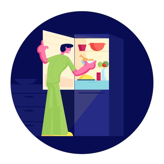 Hungry man wearing pajamas stand at open refrigerator at night going to eat. cartoon flat illustration