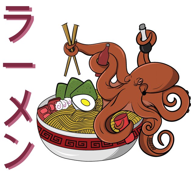 Vector hungry octopus eat ramen