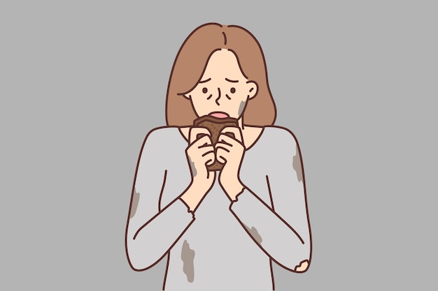 Hungry woman in dirty torn Tshirt brings piece bread to mouth after long absence food Vector image