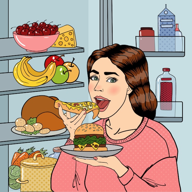 Vector hungry woman eating unhealthy food near fridge.