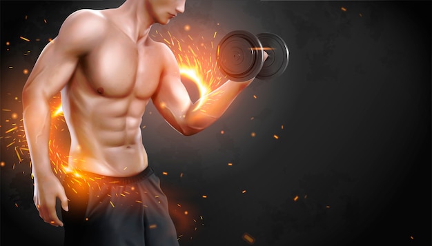 Hunky man doing weight lifting exercises with sparks effect in 3d illustration