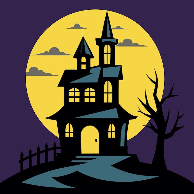 a hunted house and dark environment with a large moon in the sky