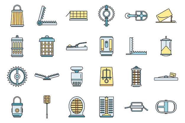 Vector hunter animal trap icons set vector color line