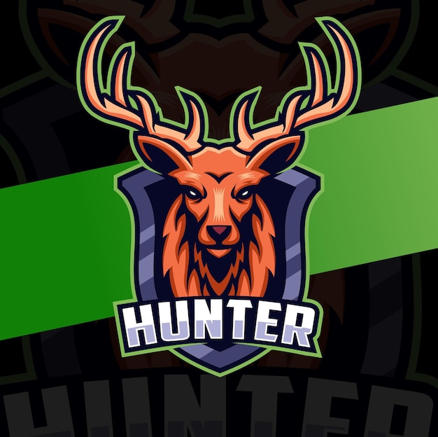 ハンターのロゴのアイデアのためのバッジとハンター鹿の頭のマスコットキャラクターのロゴデザイン