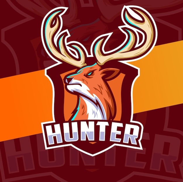 Hunter deer head mascot character logo design with badge for hunter logo idea