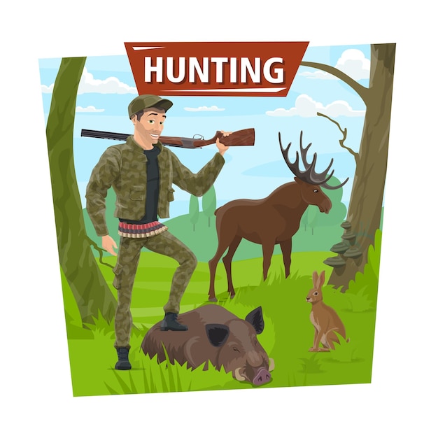 Vector hunter in forest with wild animals trophy