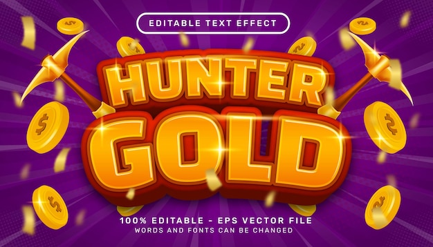 охотник за золотом 3d текстовый эффект и редактируемый текстовый эффект с иллюстрацией монеты
