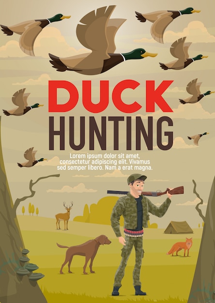 Hunter hunting duck with gun or rifle and dog