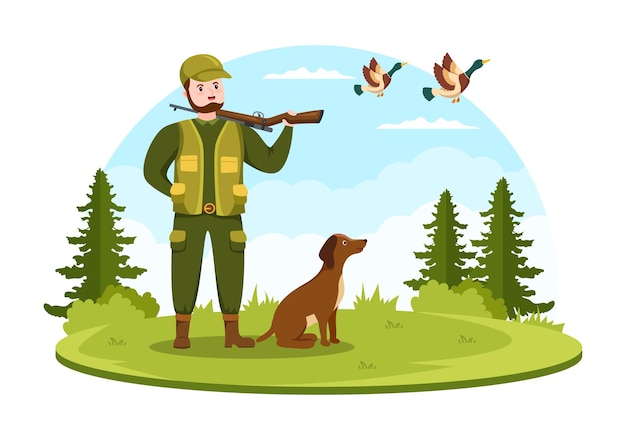 Вектор Охотник с охотничьим ружьем или оружием, стреляющим по птицам или животным в лесу на плоской иллюстрации