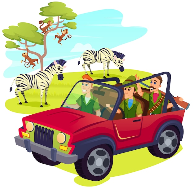 Hunters wearing weapon driving jeep on safari