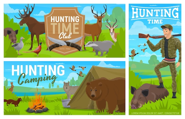 Hunting camping club vector cartoon banners set