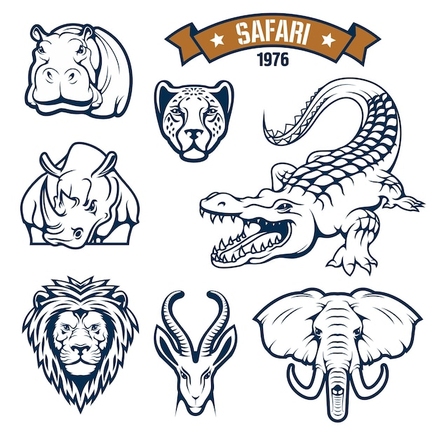 Hunting club emblems african safari hunt animals vector isolated icons