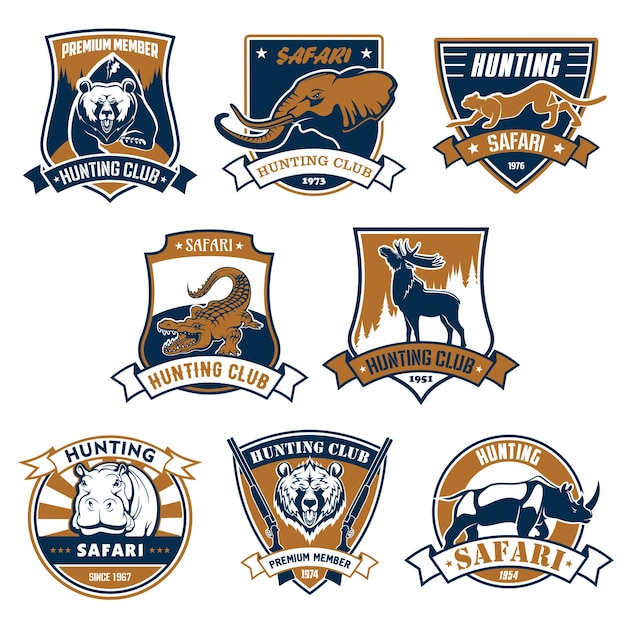 Набор эмблем охотничьего клуба иконки и ленты иллюстрации