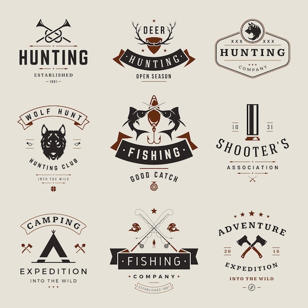 Hunting clubs and fish associations vintage vector logos set