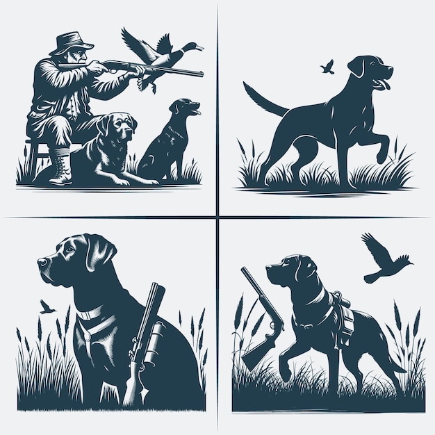 Vector hunting dog svg vector silhouette bundle file black and white hunting dog silhouette file