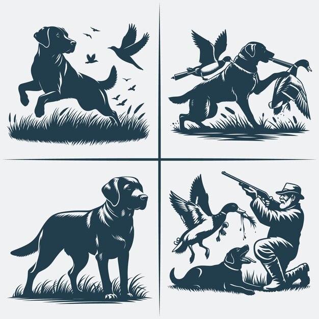 Vector hunting dog svg vector silhouette bundle file black and white hunting dog silhouette file