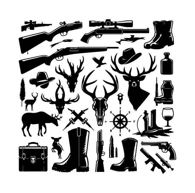 Vector hunting elements collection silhouette black isolated on white background