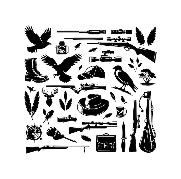 Vector hunting elements collection silhouette black isolated on white background