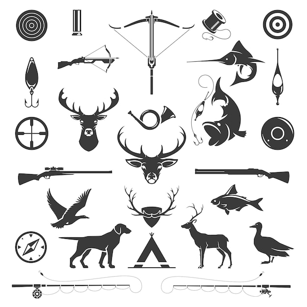 Premium Vector  Hunting and fishing vintage vector silhouettes set