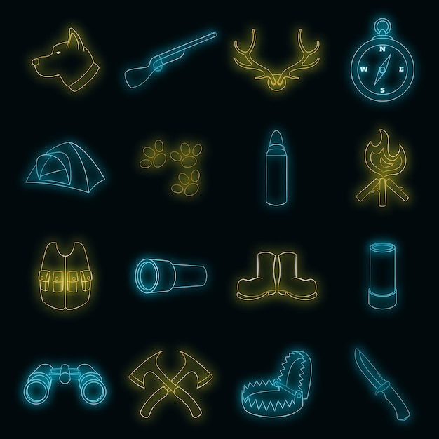 Hunting icons set vector neon