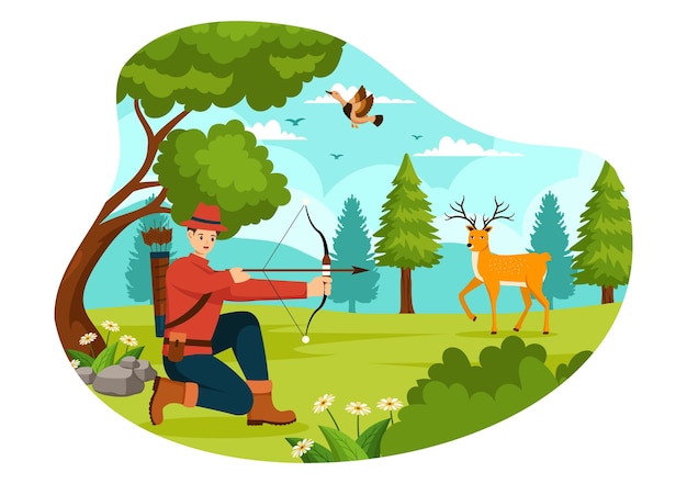 Vector hunting illustration with hunter rifle or weapon for shooting to birds or wild animals in the forest