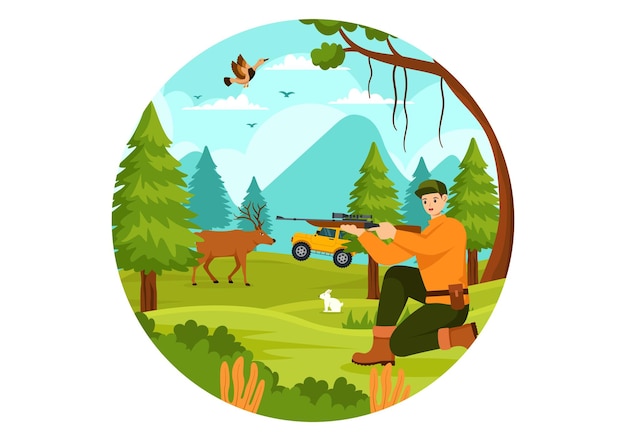 Hunting illustration with hunter rifle or weapon for shooting to birds or wild animals in the forest