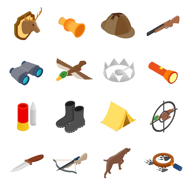 Hunting isometric 3d icons set