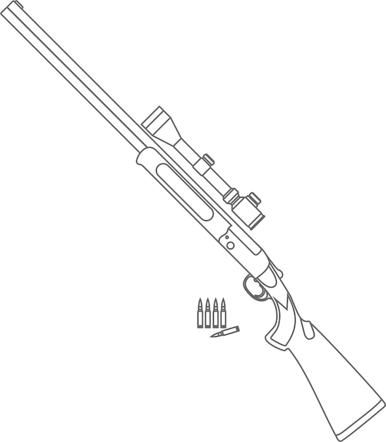Охотничья винтовка с оптическим прицелом и винтовочными патронами Изолированная икона контура в векторе плоского стиля