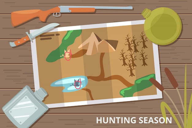 Hunting season  background with map on wood table and hunting equipment