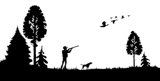 Hunting silhouette Hunter with shotgun dog and duck flock Forest hunting scene animal hunter sport or bird shooting hobby vector backdrop duck hunt season wallpaper or background