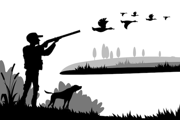 Vector hunting silhouette hunter with shotgun dog duck