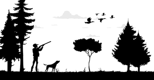 Hunting silhouette hunter with shotgun and ducks