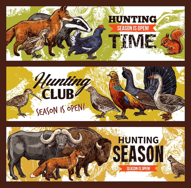 Hunting sport banners animals and birds