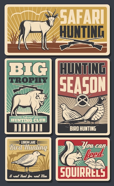 hunting sport birds deers and bulls squirrel