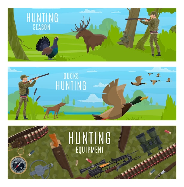 Vector hunting sport equipment animals hunter and dog