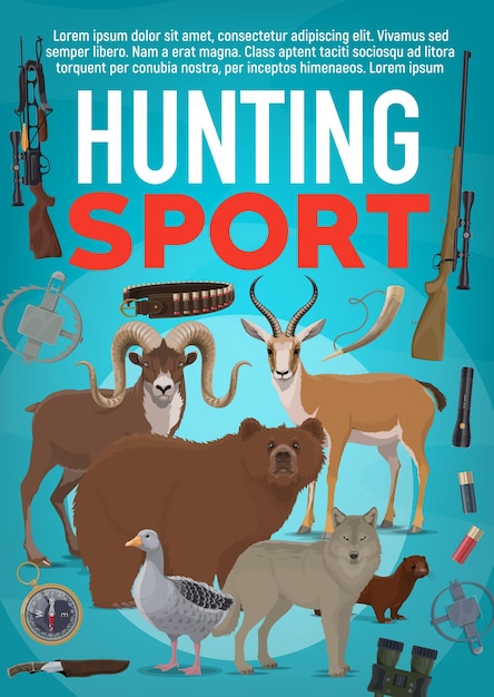 Vector hunting sport equipment and wild animals