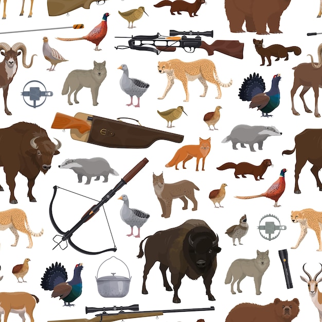 Vector hunting sport items animals and birds pattern