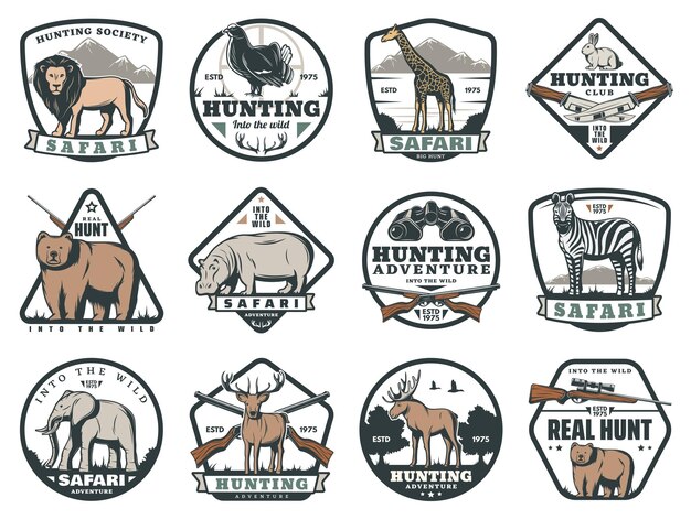 Hunting sport or safari adventure icons vector